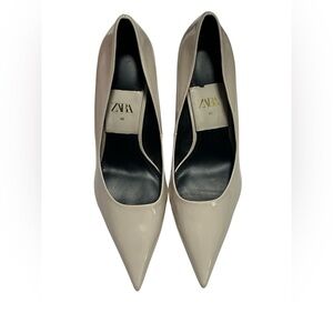 Zara Patient Leather Pointed Toe Stiletto Heels in Taupe Color